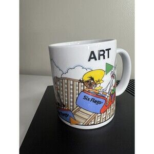 Vintage Looney Tunes Six Flags Coffee Mug Roller Coaster “ART” Warner Bros 1994